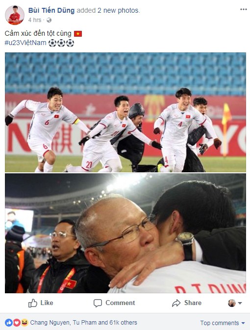 Các chàng trai U23 Việt Nam thể hiện cảm xúc sau khi chiến thắng Qatar